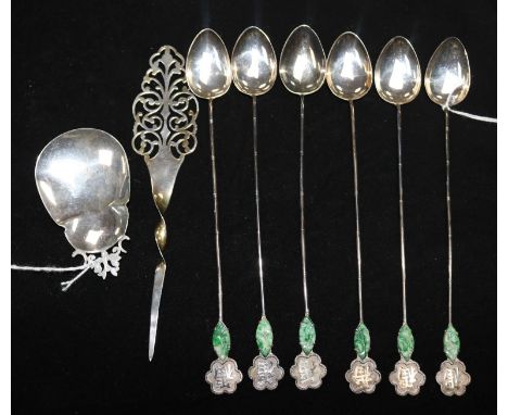 Six Chinese silver sundae spoons set with jade plaques, Lee Yee Hing, a Mappin & Webb silver caddy spoon and another item