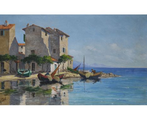 M. Porte, oil on board of a continental village beach scene, 37 x 59.5cm