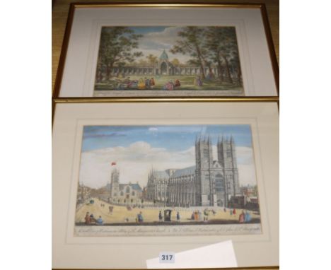 Two 18th century coloured engravings, Views of Westminster Abbey and Vauxhall Gardens, 26 x 38cm