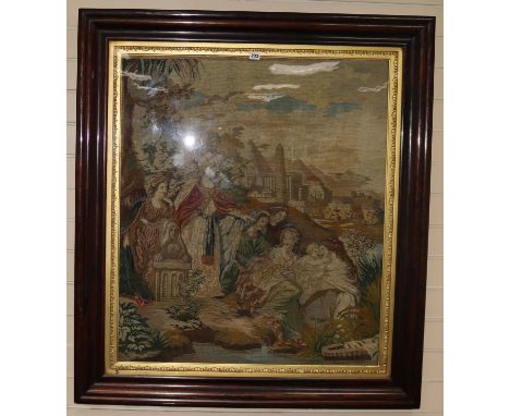 A large Victorian woolwork tapestry, Moses in the bulrushes, in rosewood and gilt frame