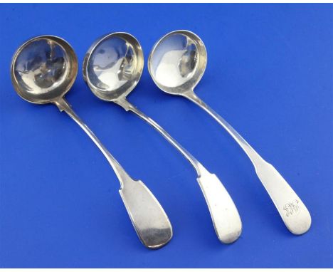 A pair of early 19th century Scottish provincial silver fiddle pattern cream ladles by R & R Keay, Perth, circa 1825, 5.5 in,