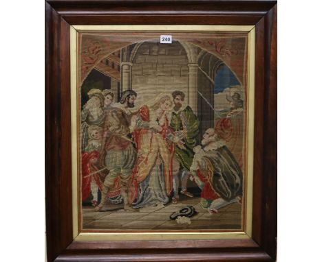 A Victorian woolwork tapestry and a mother of pearl-inlaid pole screen