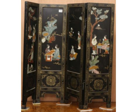A Chinese black lacquered and hardstone four fold miniature screen, each panel W.26 x H.91cm