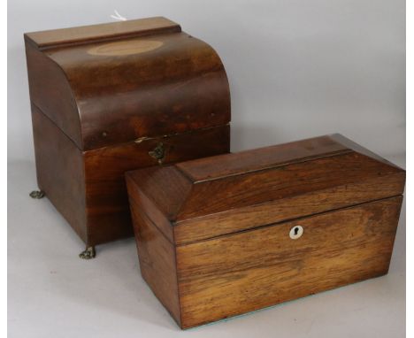 An inlaid mahogany decanter case with matched decanters (damage) and a rosewood tea caddy