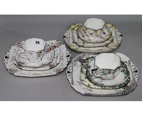 Three Shelley Queen Anne shape teacups, saucers, plates and cake plates