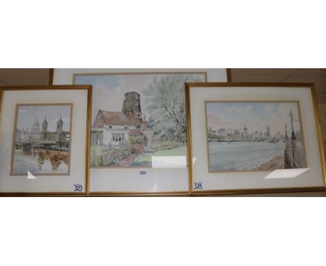 John Lynch3 watercoloursTower Mill at Mark Cross, Kent; Towards Canon Street, London and Sweep of The Thamesmonogrammedlarges