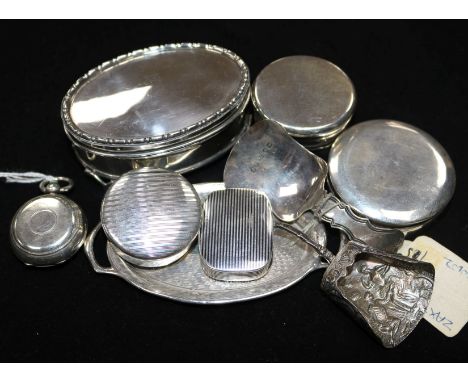 A silver sovereign case, six small boxes, various (one unmarked), two caddy spoons and a pin tray,