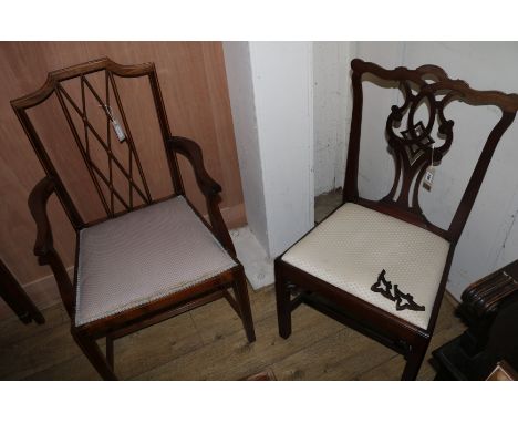 A Sheraton style inlaid mahogany open armchair and a Chippendale style mahogany side chair