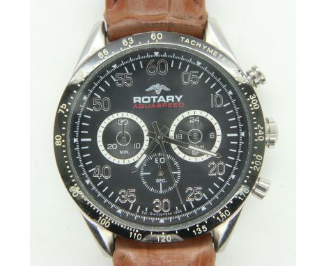 ROTARY: Aquaspeed gents chronograph wristwatch, having a black dial, three subsidiary dials and brown leather strap, boxed, w
