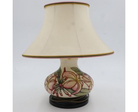 Moorcroft Frangipani pattern bulbous table lamp, with shade, no cracks or chips, H: 19 cm to top of base. All electrical item