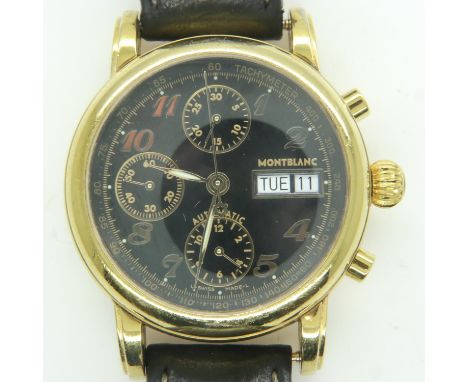 MONT BLANC: Meisterstuck gents gold plated automatic chronograph wristwatch, black dial with three subsidiary dials and day/d