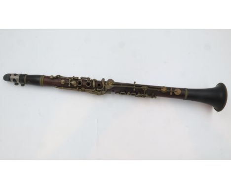 KH Meissner German wooden Clarinet for restoration, L: 65 cm, mouthpiece is named Console, body and trumpet is stamped K H Me