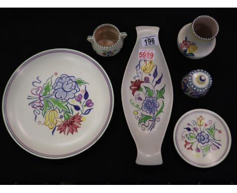 Six pieces of Poole pottery. Not available for in-house P&amp;P 