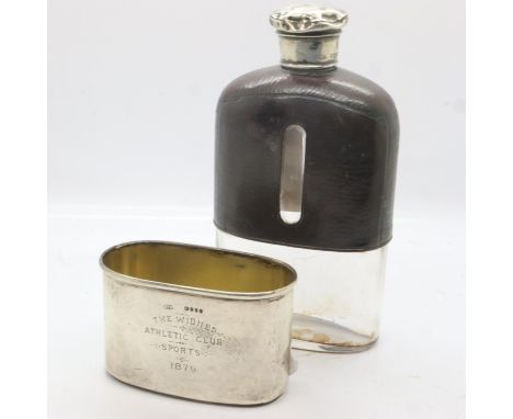 Victorian leather-bound hallmarked hip flask with hallmarked silver cup by Brockwell &amp; Son, inscribed to The Widnes Athle