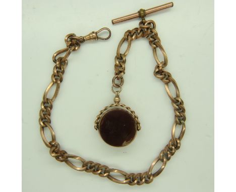 9ct gold swivel fob set with a (damaged) circular panel of carnelian, on a rolled gold heavy gauge Albert watch chain with T-