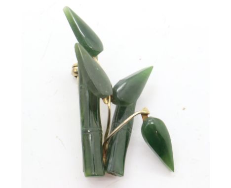 Yellow metal mounted jade panel brooch in the form of a bamboo plant, H: 50 mm. UK P&amp;P Group 1 (£16+VAT for the first lot