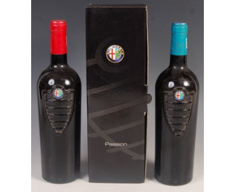 Three bottles of rare Alfa Romeo Italian Scrimaglio red wine and champagne comprising of a boxed example of brut champagne an