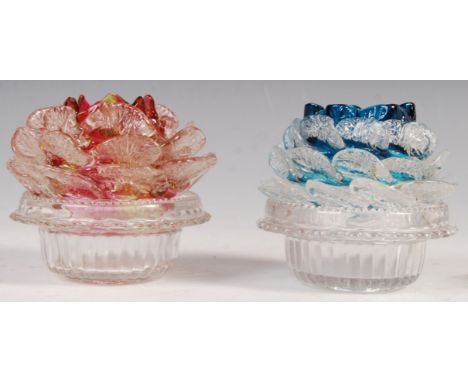 Two late 19th century Victorian Cricklite, S. Clarke, Fairy Pyramid, Fairy night light pressed glass holders with flower glas