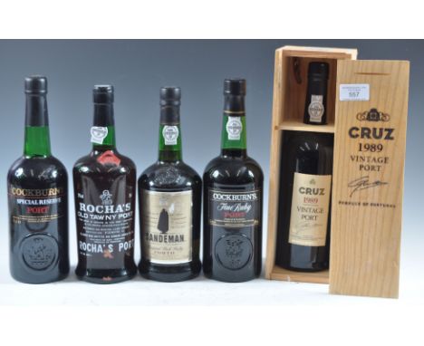 A collection of 5x bottles of Port comprising: Cockburns Fine Ruby Port 75cl 20%, Cockburn's Special Reserve 70cl, Rocha's Ol