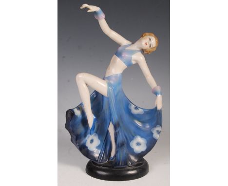 An early to mid-20th century&nbsp;Fasold &amp; Stauch made 1920's Art Deco ' Dancing Girl ' ceramic figurine. Blue costume, w