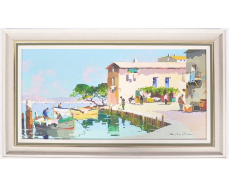 D'Oyly John (1906-1993) An oil on canvas painting depicting a continental town scene with building, dock, boats and trees. Mu