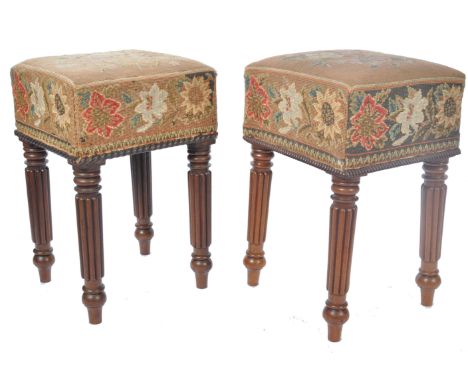 A pair of 19th century believed Gillows of Lancaster mahogany footstools. Each foot stool being raised on turned and reeded f