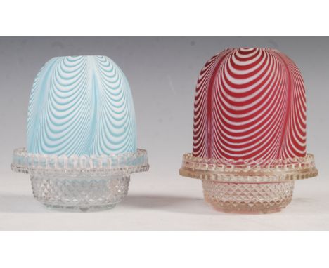 Two late 19th century Victorian Cricklite, S. Clarke, Fairy Pyramid, Fairy night light pressed glass holders with Nailsea gla