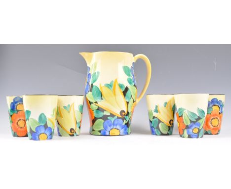 An early 20th Century Art Deco Susie Cooper for Grays Pottery six person lemonde set featuring a hand painted pitcher jug and