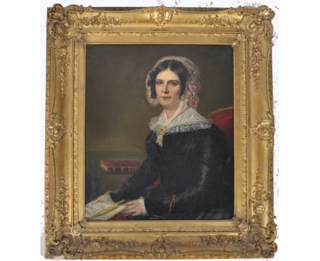 An early 19th Century Victorian oil on canvas portrait painting depicting an aristocratic Lady wearing black dress with white