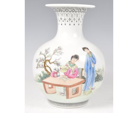 A Chinese Republic Period porcelain hand painted vase of globular form depicting two ladies, one seated at table and the othe