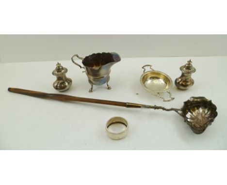 A GEORGIAN DESIGN SILVER BOWL TODDY LADLE, with twisted handle, hallmarks indistinct, together with a SILVER JUG, TEA STRAINE