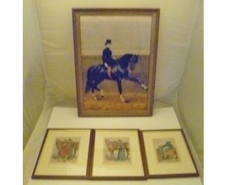 THREE HAND COLOURED ENGRAVINGS side saddle "Mounting, First, Second and Third Position", mounted in glazed frames and a LARGE