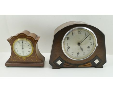AN "ENFIELD, JAMES WALKER LIMITED" OAK CASED ART DECO MANTEL CLOCK, having silvered dial with Arabic numerals, chiming moveme