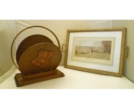 AFTER CECIL ALDIN "The Warwickshire" a hunting print, mounted within a tea tray frame, together with an ART DECO DESIGN MAGAZ