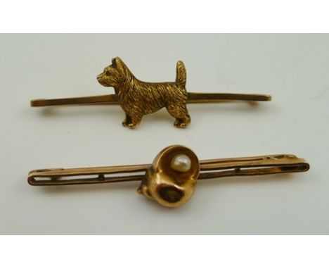 TWO 9CT GOLD BAR BROOCHES, one mounted with a Terrier, the other a shell with pearl, combined weight, 5.8g. 