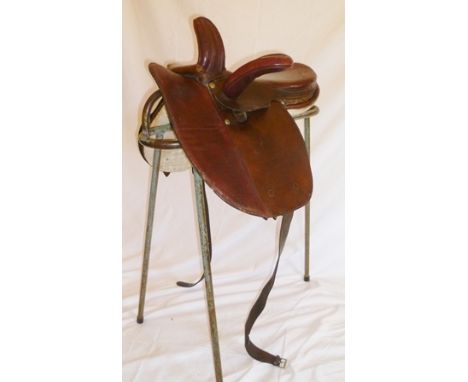 A CHILD'S RE-FURBISHED SIDE SADDLE full head 17" (UK 13.5" to 14") x 10" seat, handkerchief pocket slit, roller bar stirrup 