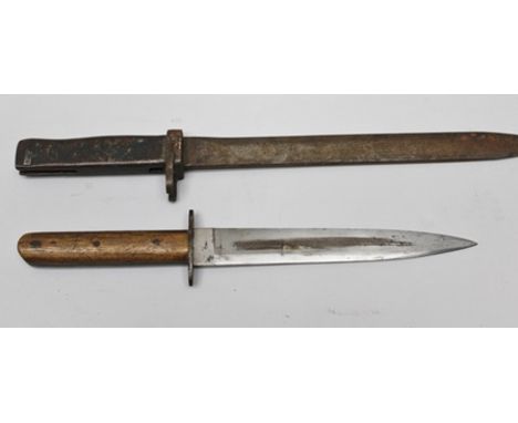 A FIGHTING KNIFE with 21cm blade, wooden grip pinned with three fixings, stamped "R" to left of blade, together with a CONTIN