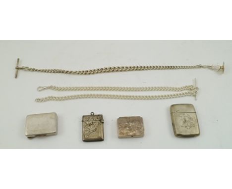 A COLLECTION OF SILVER ITEMS, includes two vesta cases, two pill boxes, a double Albert and single watch chain with T-bars an