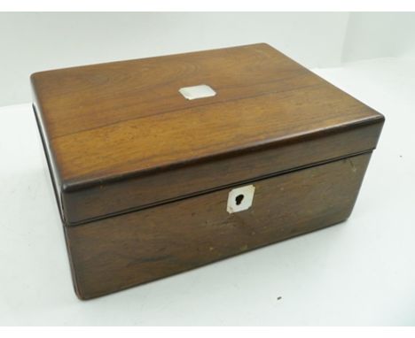 A VICTORIAN ROSEWOOD SEWING BOX having mother of pearl escutcheon, 25cm wide (with contents) 