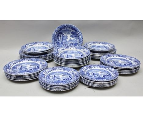 A QUANTITY OF SPODE ITALIAN BLUE AND WHITE PRINTED TABLE CERAMICS, includes; dinner plates, soup plates, side plates, serving