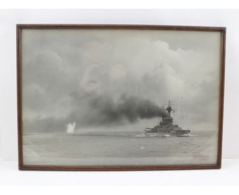 EARLY 20TH CENTURY BLACK AND WHITE PRINT "First World War Battleship, Engaged", 34cm x 50cm in plain oak glazed frame 