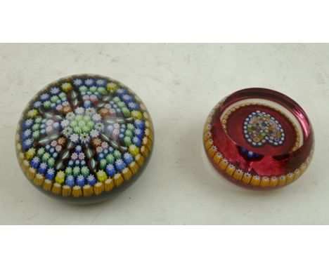 A PERTHSHIRE MILLEFIORE PAPERWEIGHT PP92, together with a PERTHSHIRE RUBY MILLEFIORE HEART WEIGHT PP46, in original vendor's 