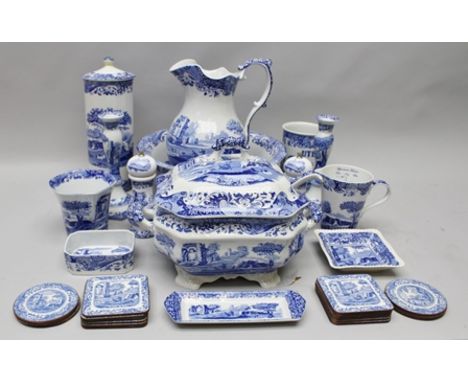 A QUANTITY OF SPODE ITALIAN BLUE AND WHITE PRINTED TABLE CERAMICS, includes; a pair of candlesticks, spaghetti jar and cover,