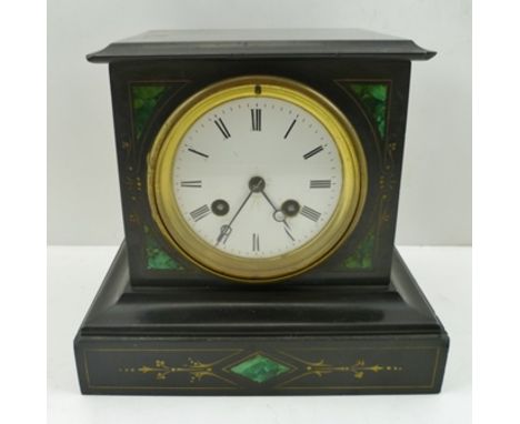 A LATE VICTORIAN BLACK SLATE MANTEL CLOCK, inlaid with malachite, white enamel dial with Roman numerals, with 8-day striking 