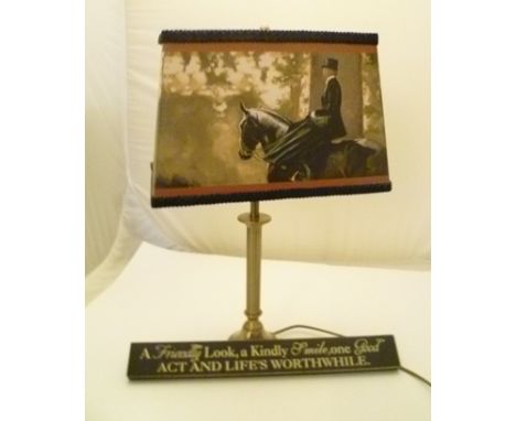 A BRASS TABLE LAMP, the shade with side saddle lady decoration, together with a "MOTTO" SIGN (2) 