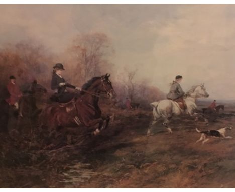 A HUNTING PRINT of side saddle interest, 50cm x 67cm, mounted and glazed in stained wood frame 