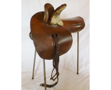"WICKEDE WIEN" VIENNA MADE SIDE SADDLE circa 1920 with cut back head, 17.5" x 14" leather seat, roller bar stirrup fitting an