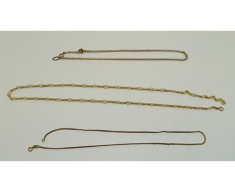 A 9CT ROSE GOLD NECK CHAIN, a fine link 9ct gold CHAIN, and a yellow metal fancy link NECK CHAIN (3), total weight 15g. 