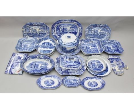 A QUANTITY OF SPODE ITALIAN BLUE AND WHITE PRINTED TABLE CERAMICS, includes; vegetable tureens with covers, serving dishes, t