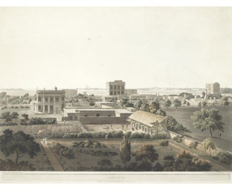 After Henry Salt (British, 1780-1827)'Calcutta' hand-coloured aquatint engraved by D. Havell after Salt, light toning and tea